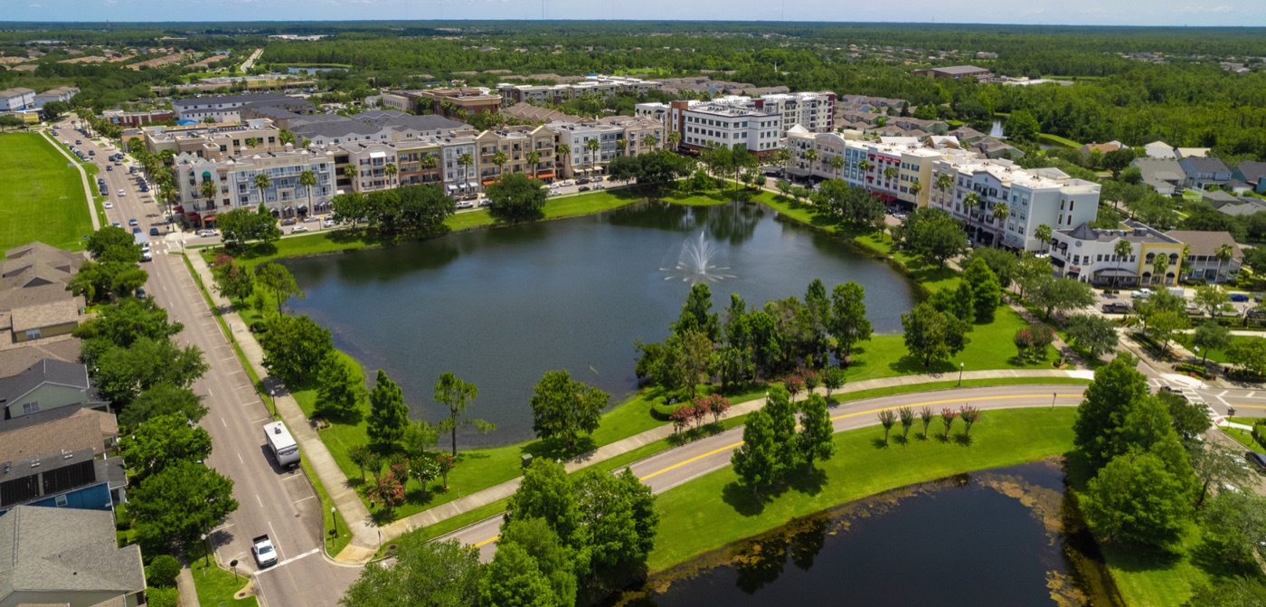 Aerial view of Marketplace at Avalon and its lake
